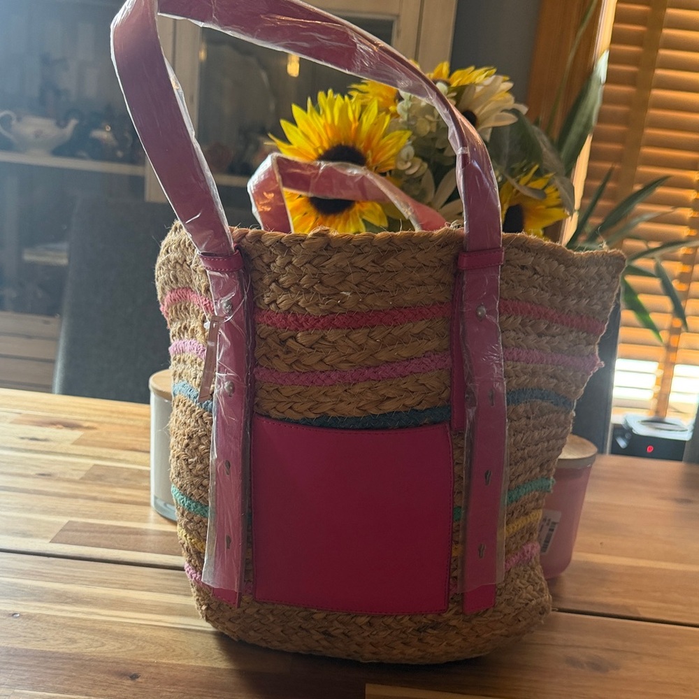 Pink and Tan Woven Tote Bag